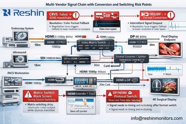 Signal chain showing interface conversions, matrix switching, and typical failure modes in a multi-vendor OR.
