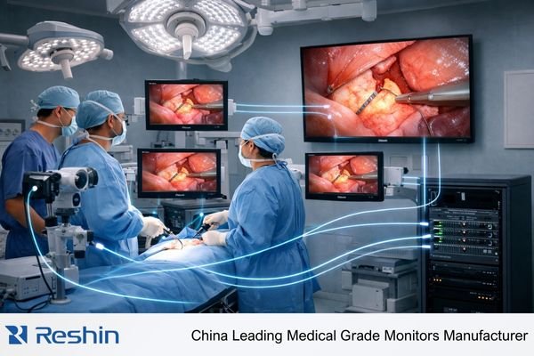 OR routing system with medical monitors showing signal path from surgical cameras through matrix switcher to displays
