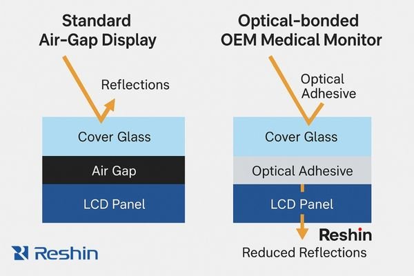 Cross-section comparison of air-gap vs optical-bonded medical display.