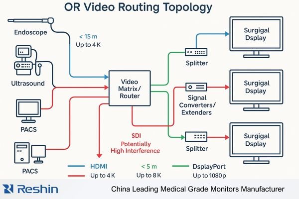 Operating room video routing topology showing HDMI, DP, and SDI distribution paths.