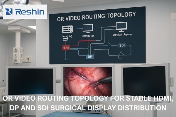 Operating room video routing topology showing HDMI, DisplayPort and SDI paths above three surgical displays, illustrating stable surgical video distribution for laparoscopic procedures
