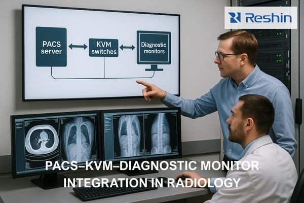 Radiology workstation showing PACS–KVM–diagnostic monitor integration diagram