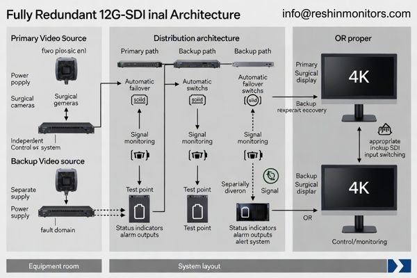 A schematic showing primary and redundant 12G-SDI paths to 4K surgical display monitors with physically diverse routing, separate power sources, and monitoring points at key junctions