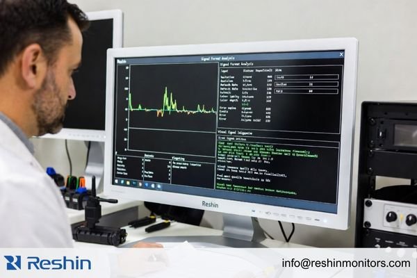 An image showing a biomedical engineer using on-screen diagnostic tools on a Reshin medical-grade monitor to analyze input signal format and status during troubleshooting
