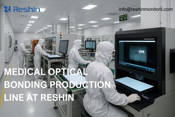 An image showing a cleanroom medical-grade optical bonding production line at Reshin with automated dispensing equipment and quality control inspection stations