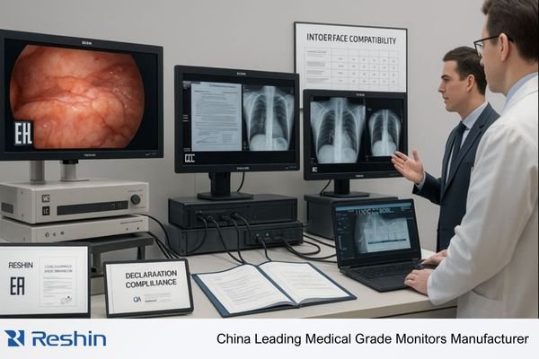 An image showing the Reshin booth with clearly visible regulatory compliance markings and documentation, alongside working display systems connected to endoscopy towers, PACS workstations, and KVM matrices to illustrate certified, multi-vendor medical-grade integration