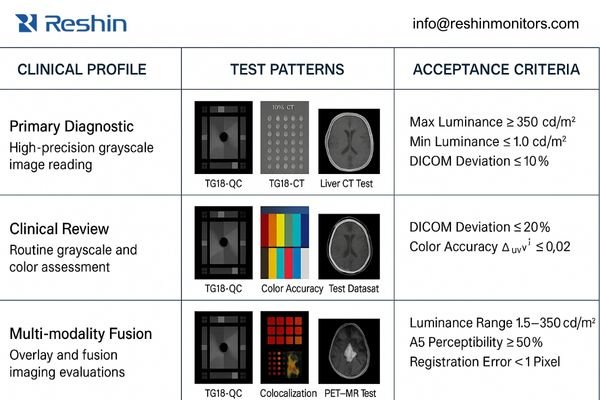 Profile matrix for unified diagnostic monitor standards mapping DR, CT, MRI use cases to test patterns and acceptance criteria