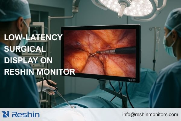 An image showing an endoscopic surgery scene where a Reshin low-latency surgical monitor is mounted at eye level, providing real-time visualization from the camera system