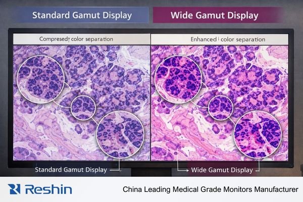 A side-by-side WSI comparison on standard-gamut versus wide-gamut displays, emphasizing stain separation.