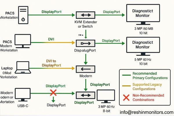 A diagram showing standardized signal paths from PACS workstations using legacy DVI, DisplayPort and USB-C through KVM extenders to diagnostic monitors, with recommended conversion paths clearly marked and non-recommended combinations crossed out