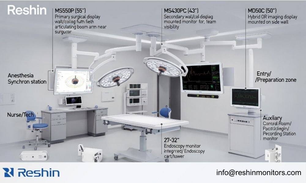 Operating room layout showing different sizes of Reshin 4K medical monitors working together as a synchronized display ecosystem.