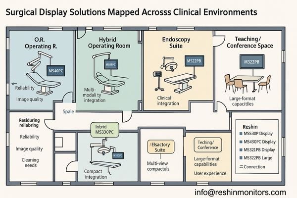 A hospital floor plan showing different clinical areas with overlaid surgical display solution scenarios using 4K surgical monitors, highlighting how requirements differ between standard ORs, hybrid ORs, endoscopy suites, and teaching environments
