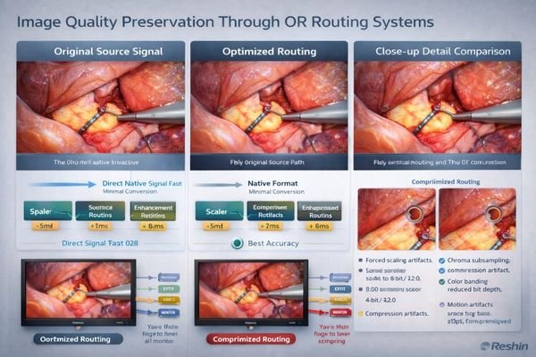 Surgical image quality comparison showing preserved vs degraded clinical detail through routing