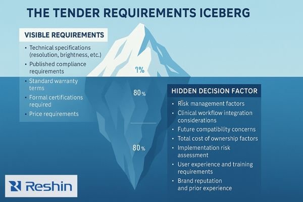 A diagram showing the iceberg model of surgical display tender requirements for 4K surgical monitors, with visible specifications above the waterline and hidden decision factors below, including risk management, workflow integration, and future compatibility