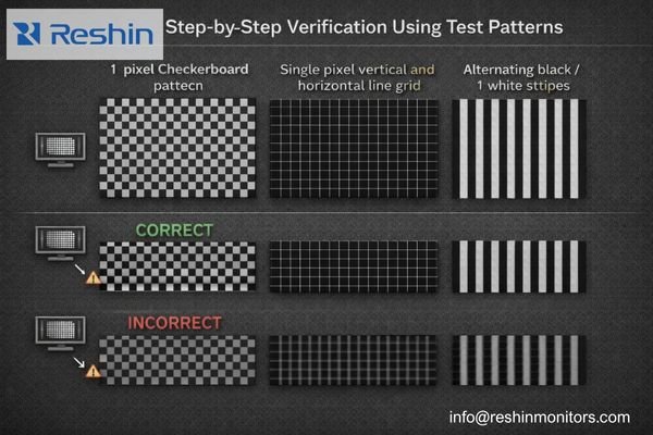 Step-by-step 1:1 pixel mapping verification using a 1-pixel checkerboard and single-pixel line patterns