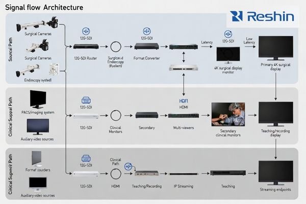A layered signal flow diagram showing segregated paths: a critical 12G-SDI path to 4K surgical display monitors, a clinical support path with limited conversions, and a teaching/recording path mixing HDMI, IP and other formats