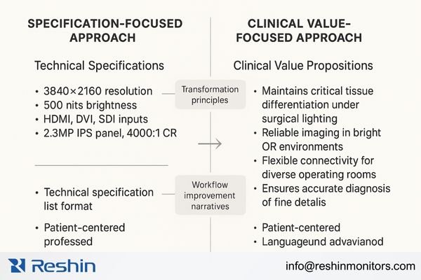 A side-by-side comparison showing a traditional specification-focused tender response for surgical displays versus a clinically-oriented value proposition for 4K surgical monitors, with arrows connecting specific features to workflow and patient outcome benefits
