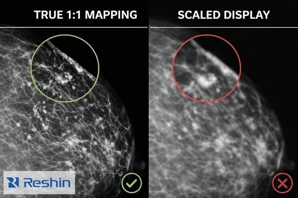 Side-by-side comparison of true 1:1 pixel mapping versus a scaled display with edge detail differences