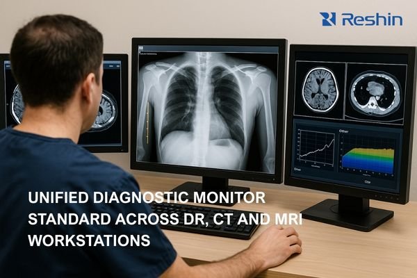 Radiologist reviewing DR, CT and MRI scans on a calibrated triple-monitor diagnostic workstation, illustrating unified diagnostic monitor standards and consistent image presentation