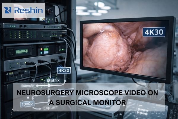 4K30 endoscopy surgical monitor connected to an OR routing rack, showing how the signal chain can downgrade to 1080p.