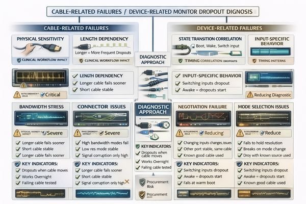 Comparison chart showing cable versus device failure pattern characteristics