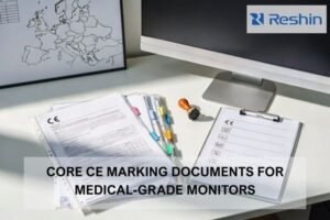 Compliance desk with a medical-grade monitor and organized technical documentation binders, featuring a small CE stamp to represent CE marking requirements.