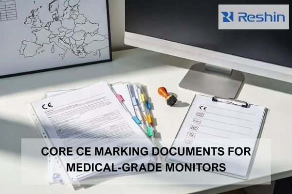 Compliance desk with a medical-grade monitor and organized technical documentation binders, featuring a small CE stamp to represent CE marking requirements.