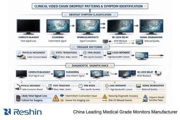 Clinical video chain dropout examples showing different failure patterns and symptoms