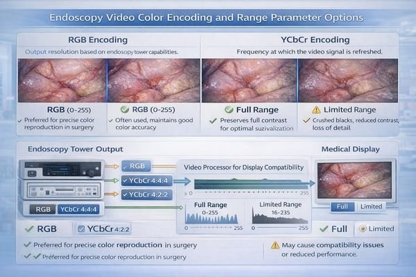Color encoding parameter options showing RGB, YCbCr, and range settings for endoscopy applications