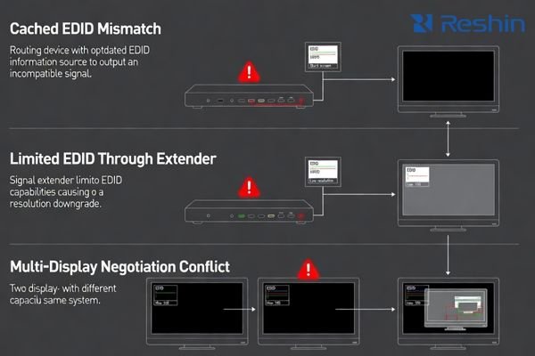 Common EDID failure scenarios in OR routing chains including cached EDID, limited EDID, and multi-display negotiation conflicts