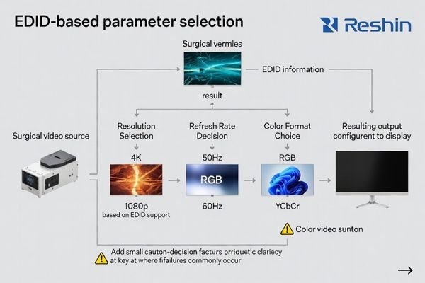 Decision flow showing how EDID influences resolution, refresh, and color format selection in surgical video sources