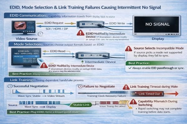 Signal negotiation process showing how EDID and mode selection can cause intermittent failures