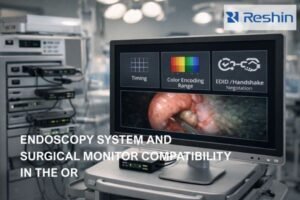 Operating room endoscopy tower connected to a medical-grade surgical monitor, illustrating timing, color encoding, and EDID/handshake compatibility issues.