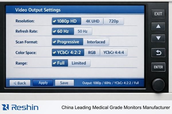 Endoscopy tower output parameter configuration interface showing resolution, refresh, and color encoding settings