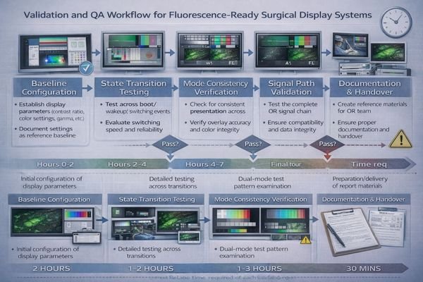 Validation workflow showing systematic testing approach for fluorescence-ready display systems