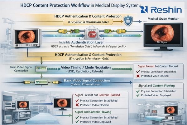Digital content protection workflow showing HDCP authentication between medical devices