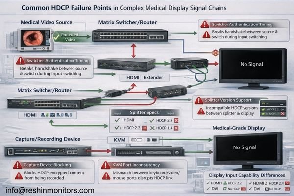 Signal chain diagram highlighting common HDCP failure points in medical display systems
