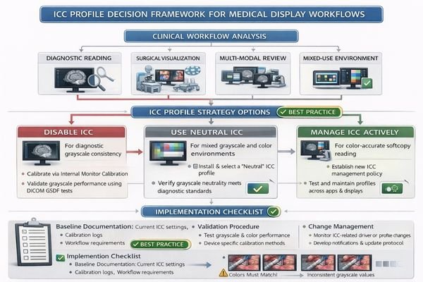 Clinical workflow decision tree for disabling vs managing ICC profiles