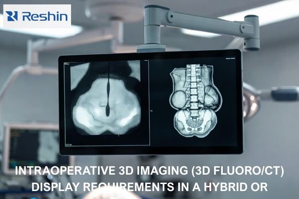Hybrid OR medical-grade display showing live 2D fluoroscopy and intraoperative 3D cone-beam CT volume side by side