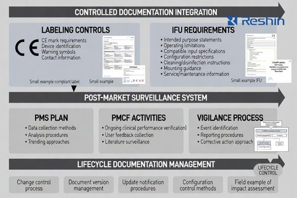 CE compliance documentation integration showing labeling IFU and post-market surveillance alignment