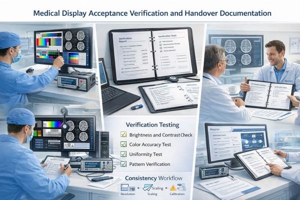 Acceptance verification workflow showing repeatability testing and documentation handover procedures