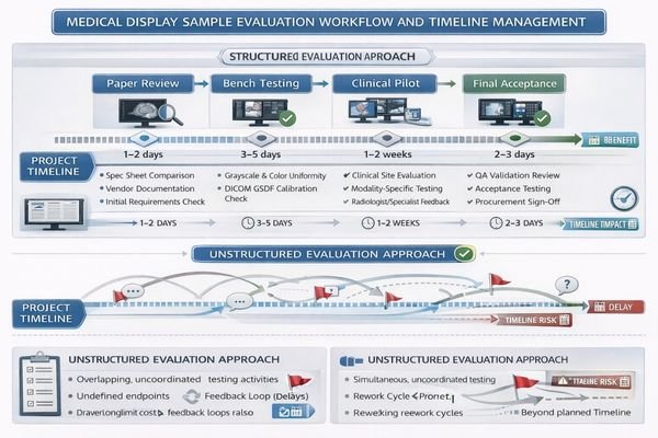 Staged sample evaluation workflow for medical displays with decision points
