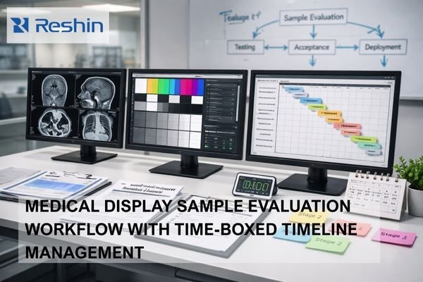 Medical display sample evaluation workstation with three monitors showing imaging tests, calibration patterns and a project timeline, surrounded by checklists, documents and a timer illustrating staged, time-boxed evaluation workflow.