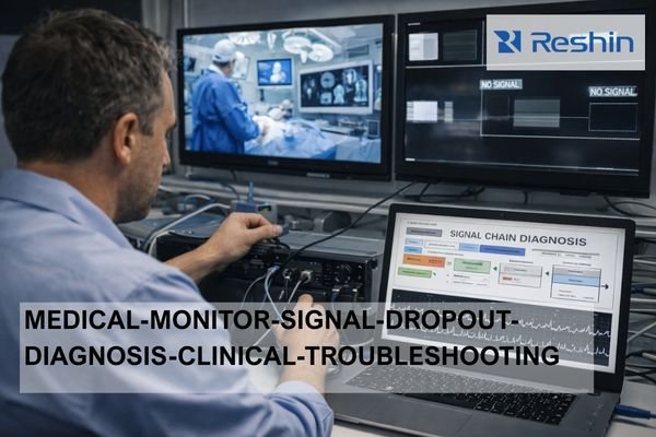 Technician troubleshooting medical-grade monitor signal dropouts in a hospital control room, checking cables while a laptop shows a signal chain diagnosis flowchart and wall displays show surgical video and no-signal warnings.