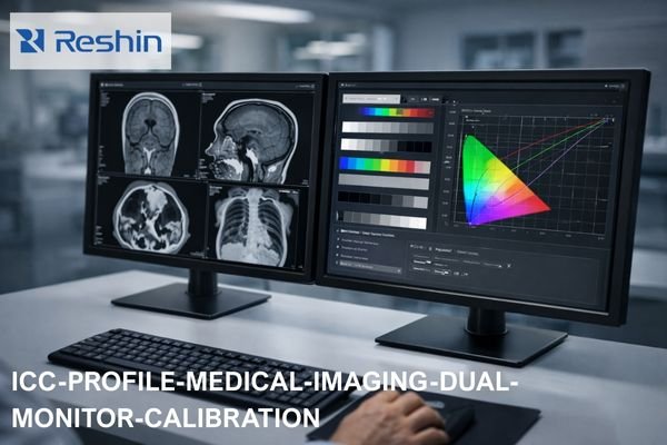 Dual medical imaging monitors on a clinical workstation showing grayscale CT and MRI scans on one screen and ICC color calibration curves and test patterns on the other, illustrating ICC profile management for diagnostic display consistency.