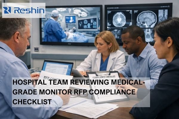 Hospital procurement team reviewing a medical-grade monitor RFP contract and compliance checklist in a conference room with surgical displays on the wall, ensuring compliance, lifecycle control and consistent clinical performance.