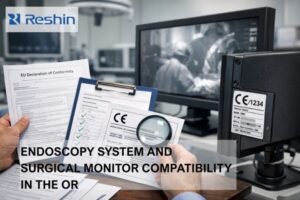 Engineer verifying CE/MDR compliance for a medical-grade monitor by checking the EU Declaration of Conformity, Notified Body certificate, and CE label in a hospital OR.