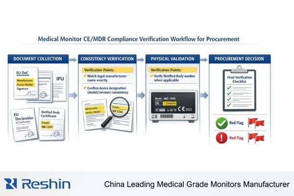 CE/MDR compliance verification process showing document and labeling authentication steps