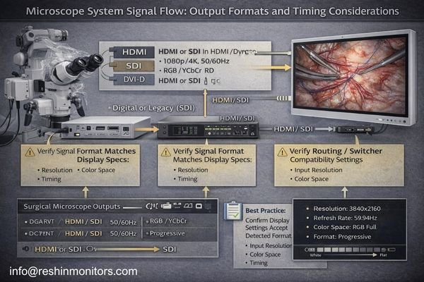Microscope system signal flow diagram showing output formats and timing considerations
