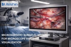 Medical-grade surgical monitor displaying microscope video with a magnified detail inset, connected to a surgical microscope system in an operating room setup.